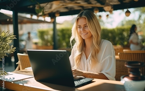 A smiling woman sitting with a laptop on a sunny restaurant terrace