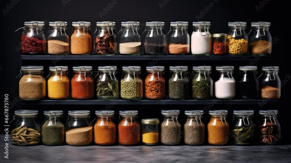a set of glass jars neatly arranged, each filled with vibrant spices, capturing the essence of contemporary culinary aesthetics.