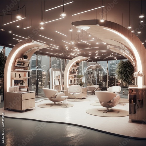 create visualization of future hair salon. Visualization according future trends predictions of 2030. Visualization from inside with hair salon furnitures for 3 hair dressers photo