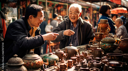 Journey into Beijing's Hutongs: Vendor's Enthusiastic Tale of Cloisonné Enamelware in a Bustling Market - Inviting Passersby to Explore the Craftsmanship of Chinese Art.

 photo