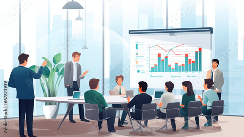 Conference room meeting with men and women looking at presentation with charts and graphs business casual illustration drawing