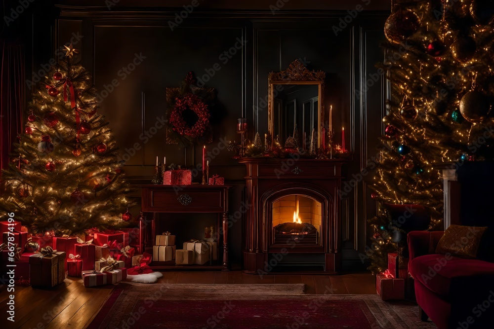 A heartwarming scene of a beautifully adorned Christmas tree with presents arranged beside a cozy fireplace, creating a warm and joyful holiday atmosphere.