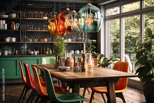 Dining room in trendy style. Modern and vintage furniture accompany each other, colorful dishes and rustic chic - maximalism is in full swing. photo