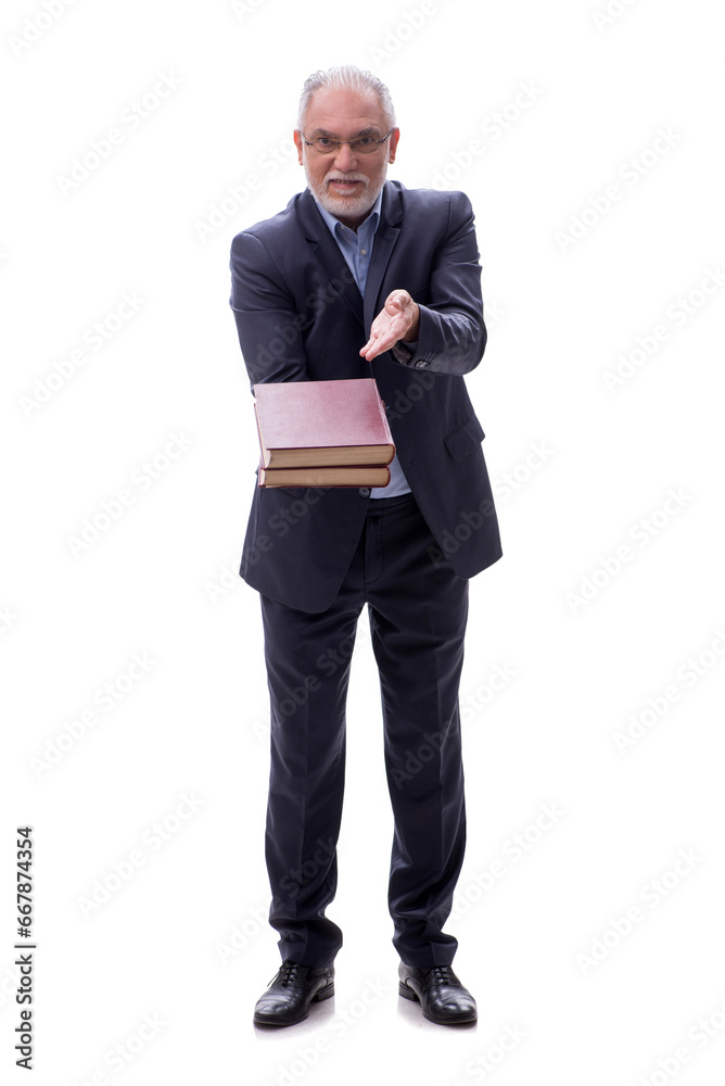 Old businessman holding books isolated on white Old businessman holding books isolated on white