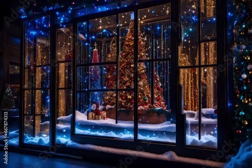 Through a beautiful stained glass window in the house, catch a glimpse of the enchanting Christmas tree, as colorful light dances on the holiday magic within.
