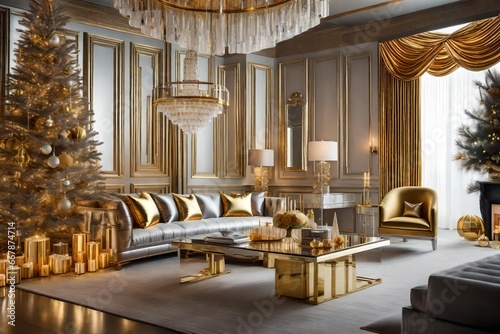 Experience opulent holiday splendor in a luxuriously decorated living room, featuring a resplendent golden Christmas tree that adds a touch of grandeur to your festive celebrations.