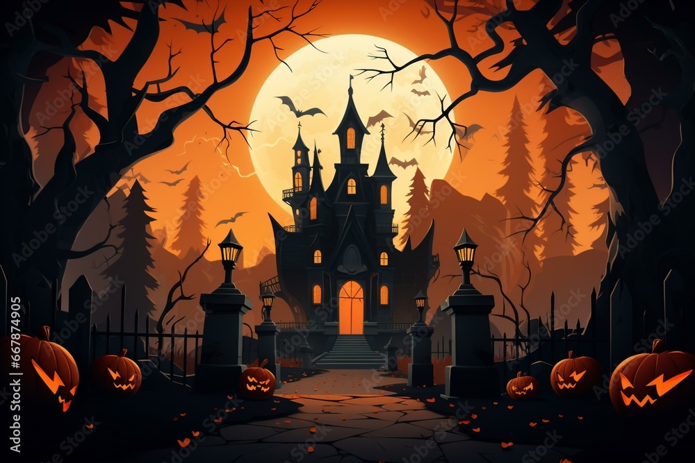 Illustration of a creepy Halloween mansion adorned in autumnal orange, portraying a spooky castle concept. Generative AI