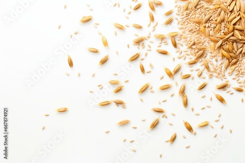 Barley malt grains floating on a white background. Generative AI photo