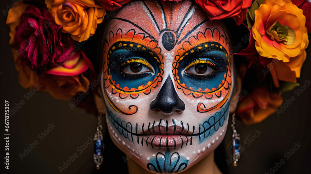 Imitation of La Catrina, the goddess of the dead at the Mexican festival Dia de los Muertos