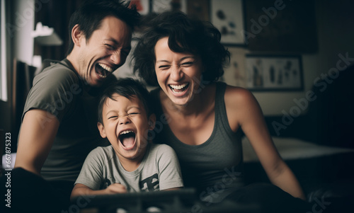 Cheerful people sitting on couch in living room have fun little son tickling mother laughing together with parents enjoy free time playing at home. Weekend activity happy family lifestyle concept