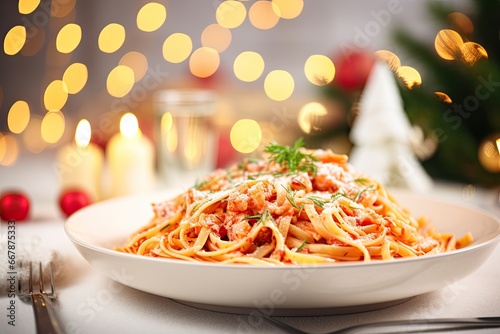 Pasta with seafood on a Christmas background. Feast of the Seven Fishes.