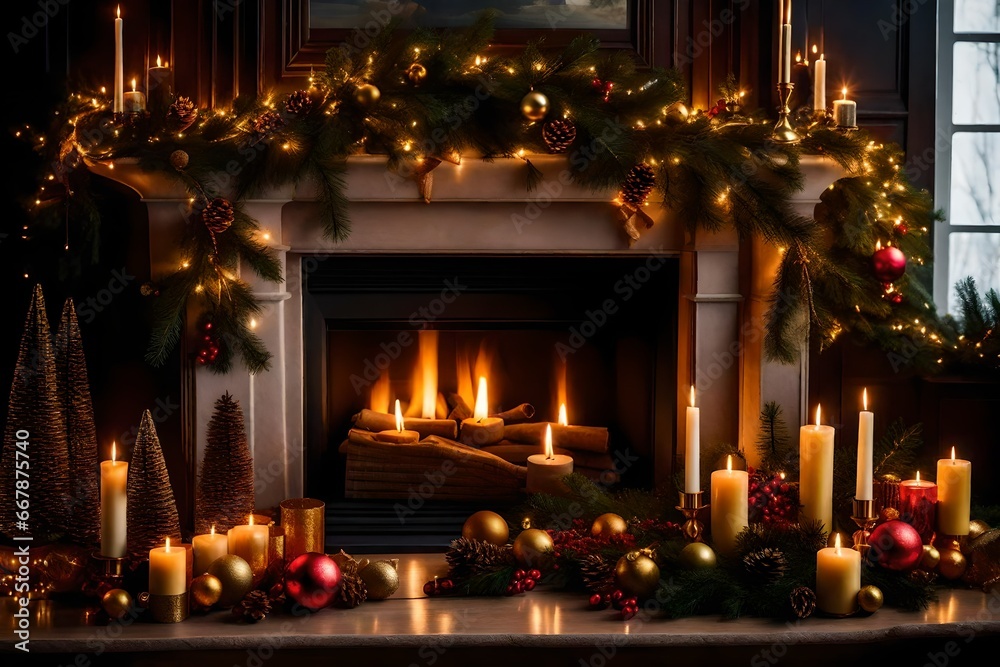 A cozy fireplace beautifully decorated for Christmas, radiating warmth and holiday cheer, creating the perfect setting for festive gatherings and celebrations.