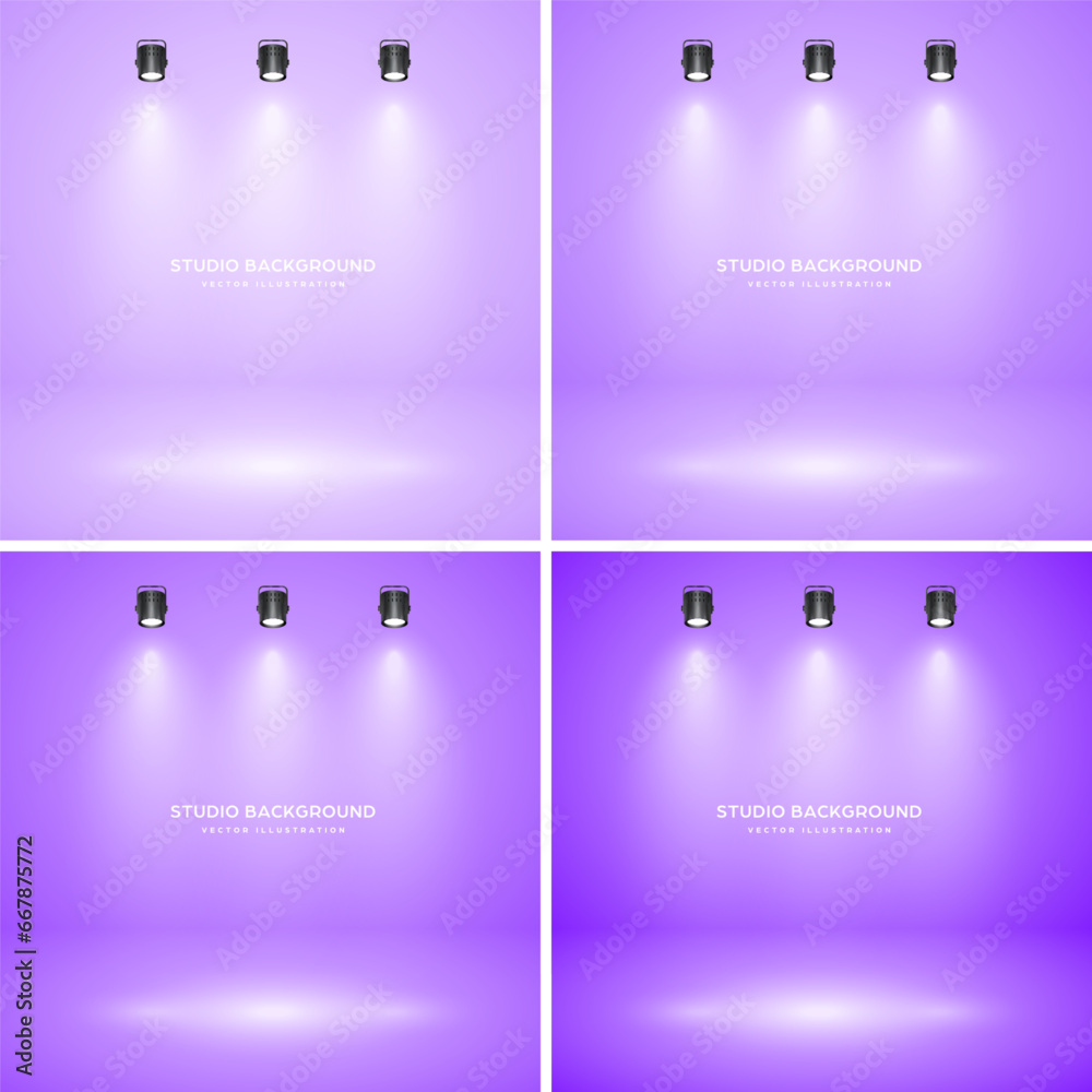 Obraz premium Empty violet studio abstract backgrounds with spotlight effect. Product showcase backdrop. Stage lighting. Vector illustration