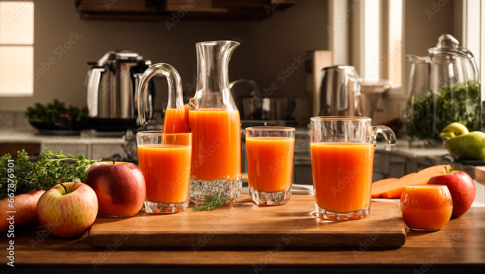 Fresh juice from apple and carrots in the kitchen