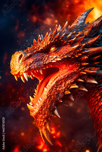 Fire dragon on the dark background. Chinese New Year 2024 zodiac sign, year of the Dragon. Mythological creature. Abstract fiery Illustration of fantastic monster for postcard, book, poster, banner © ita_tinta_