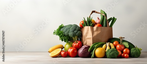 Vegetarian food displayed on white background in a paper bag