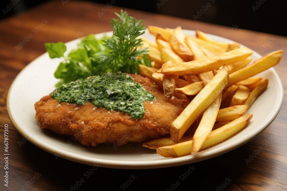 Breaded chicken with crispy fries and vibrant green sauce on a white plate. Breaded chicken with crispy fries and vibrant green sauce on a white plate.