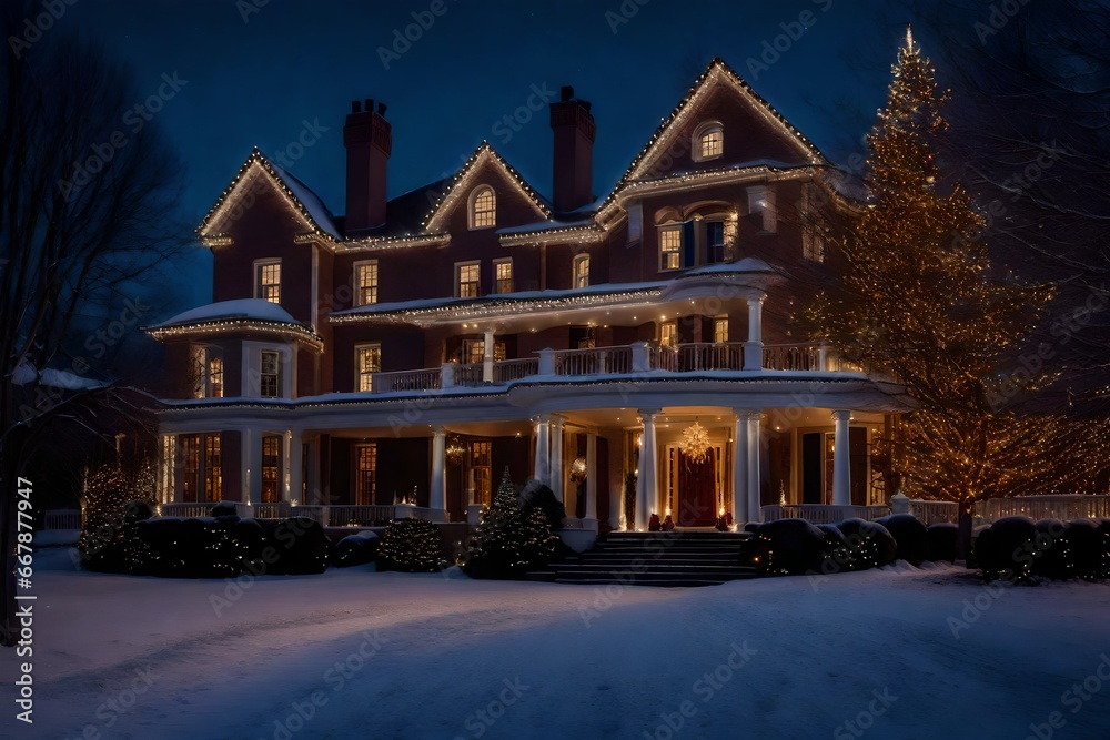 A grand mansion beautifully adorned with festive decorations, exuding the spirit of celebration and luxury.