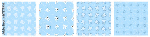 Set of seamless patterns with cute teeth on a blue background. Fabric design, textile, wrapping paper, background, postcards. Vector decorative illustration for dental design.