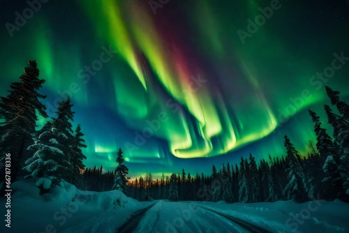 A breathtaking display of the aurora borealis over the majestic mountains, c © muhammad