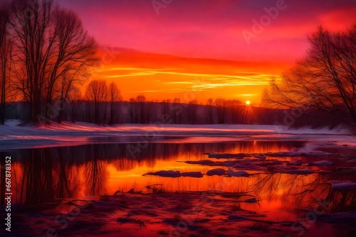 A breathtaking sunset over the tranquil river, painting the sky with warm and vibrant hues, a serene and mesmerizing view. © muhammad