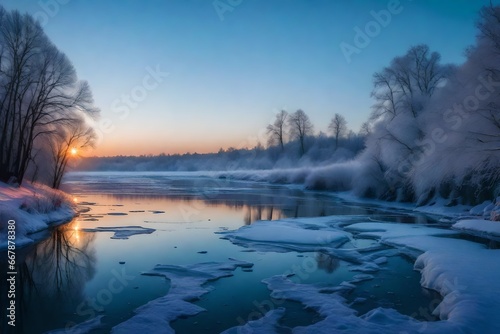 A serene winter landscape with a winding river and trees blanketed in glistening snow, creating a tranquil and picturesque view of the season. © muhammad