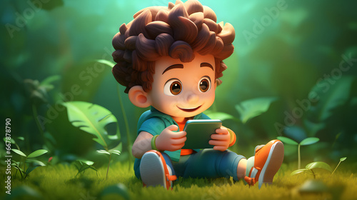 boy playing video games on mobile 3d render