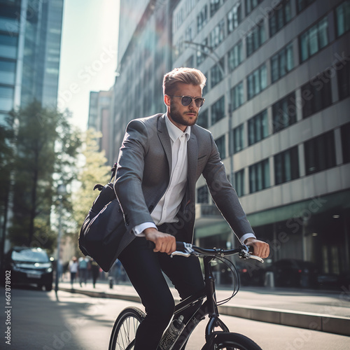 A business man in formal grey suit riding bicycle on street without any head protection © Francescozano