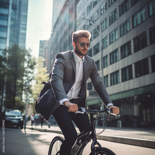 A business man in formal grey suit riding bicycle on street without any head protection