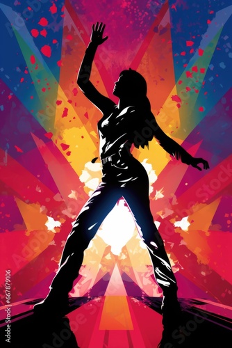 A woman is dancing on a colorful background. A single disco dancer, pop art style. © tilialucida