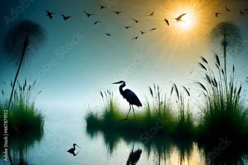 misty lake on summer afternoon with herons flemish crows and seagulls in the- oreground generative ai photo