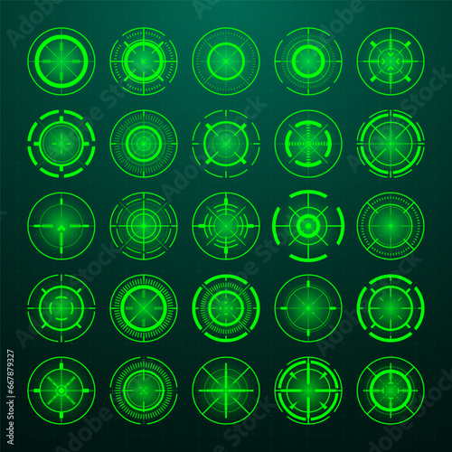 Crosshair, gun sight vector icons. Bullseye, black target or aim symbol. Military rifle scope, shooting mark sign. Targeting, aiming for a shot. Archery, hunting and sports shooting. Game UI element.