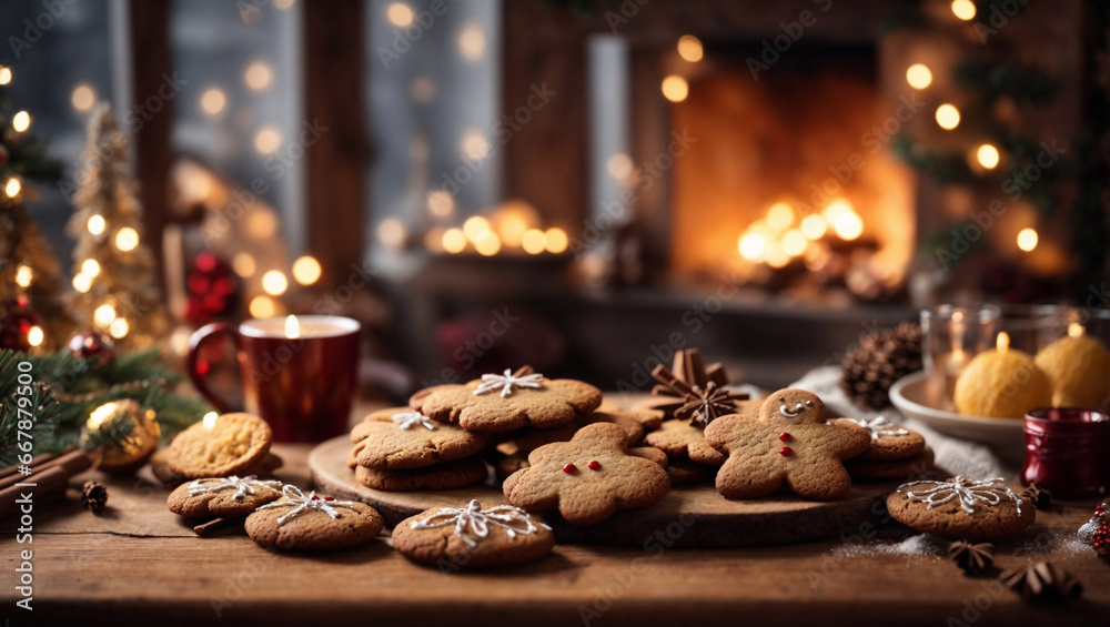 Biscotti di pan di zenzero con atmosfera natalizia, caminetto e luci di Natale