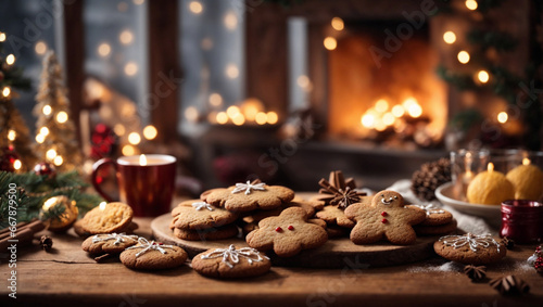 Biscotti di pan di zenzero con atmosfera natalizia, caminetto e luci di Natale