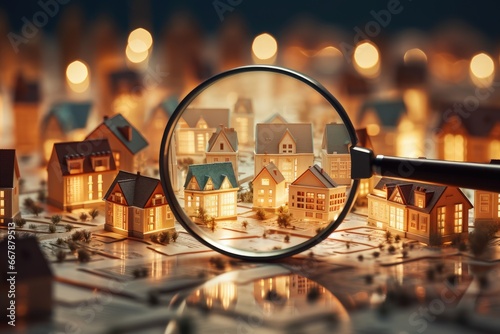 magnifying glass with a set of model houses under it Generative AI