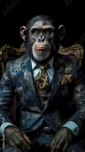 Monkey dressed in an elegant suit with a nice tie. Fashion portrait of an anthropomorphic animal, chimpanzee, posing with a charismatic human attitude