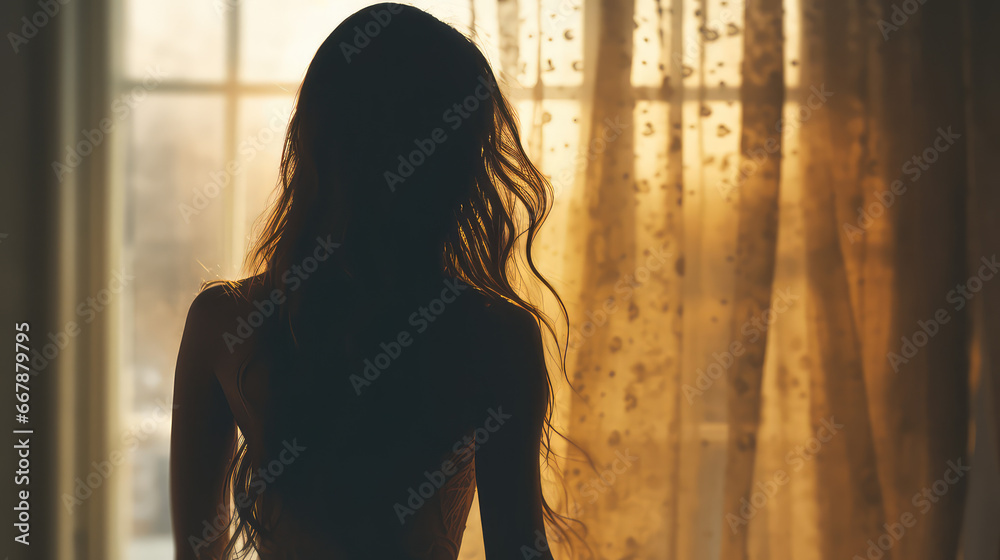 Young woman silhouette near the window. Dark silhouette of a girl. 
