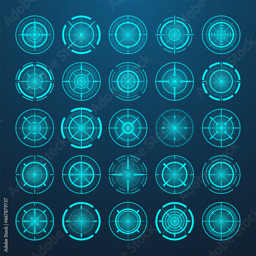 Crosshair, gun sight vector icons. Bullseye, black target or aim symbol. Military rifle scope, shooting mark sign. Targeting, aiming for a shot. Archery, hunting and sports shooting. Game UI element.