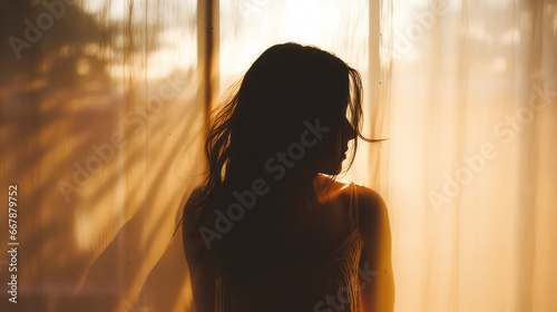 Young woman silhouette near the window. Dark silhouette of a girl.  © dinastya