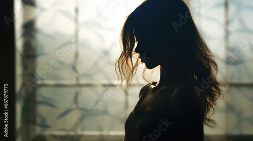Young woman silhouette near the window. Dark silhouette of a girl. 