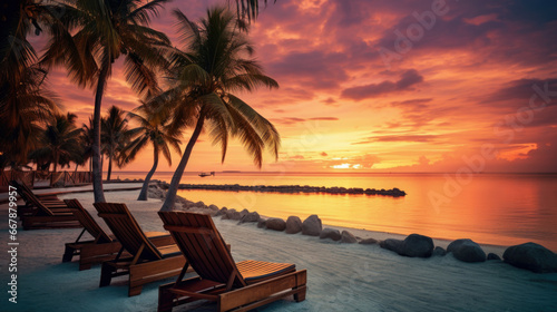 Sunset at the beach with palm trees  parasols and sunbeds.