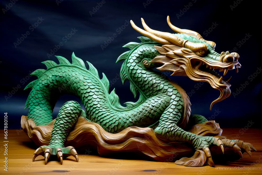 Green dragon statue. Symbol of 2024 on blurred background. Green Chinese dragon wooden sculpture. Mythological creature. Green fantasy dragon. Green dragon statue. Symbol of 2024 on blurred background. Green Chinese dragon wooden sculpture. Mythological creature. Green fantasy dragon.