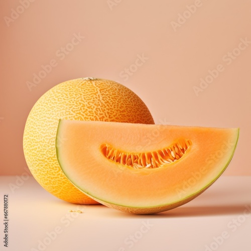 A close up of a sliced melon on a table.