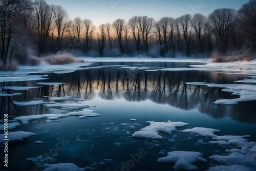 Embrace the serene beauty of a winter sunrise over a frozen lake, a tranquil and picturesque scene © muhammad