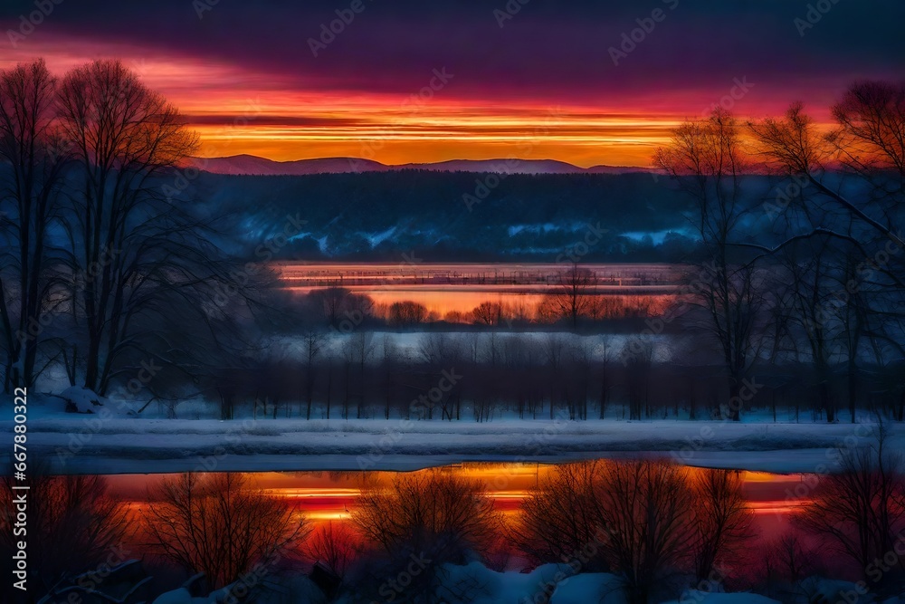 Experience the serene beauty of a sunset over the tranquil river, a captivating moment of nature's artistry.