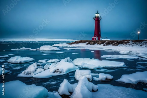 Witness the resolute beauty of a lighthouse standing tall on the frozen seashore, a stoic and picturesque scene of winter's grip.