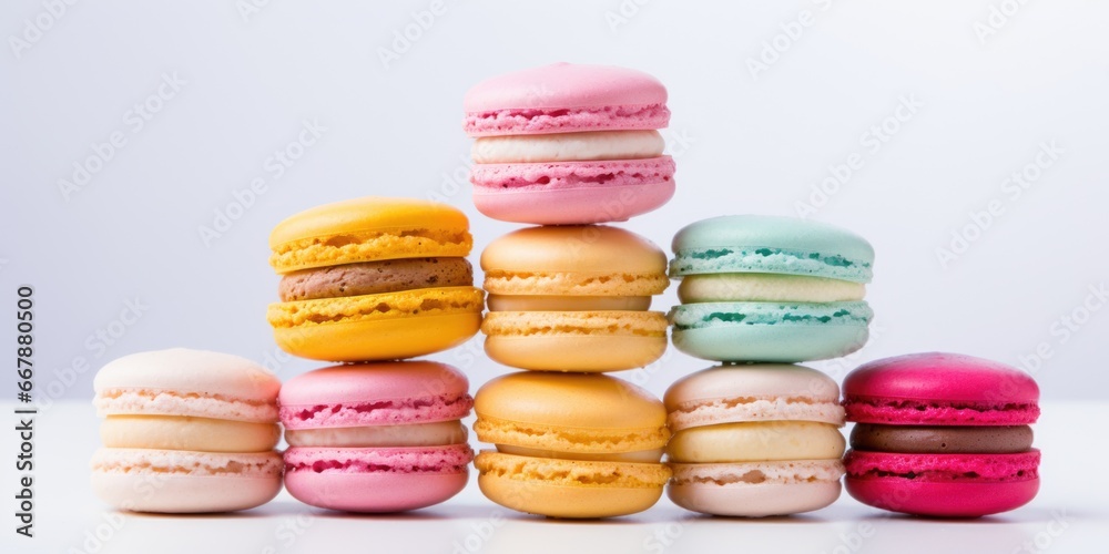 A stack of macarons sitting on top of each other. Photorealistic, on white background A stack of macarons sitting on top of each other. Photorealistic, on white background
