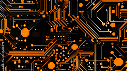 Abstract wallpaper circuit board. Motherboard pattern background texture. Hi-tech digital technology concept. graphic poster web page PPT background. Black and orange tones
