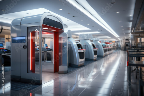 A security checkpoint at the airport equipped with biometric scanning to ensure safe and efficient travel. Concept of airport security. Generative Ai. photo