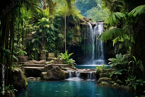 Habitat: lush, exotic, waterfall, vegetation, natural colors. Generative AI